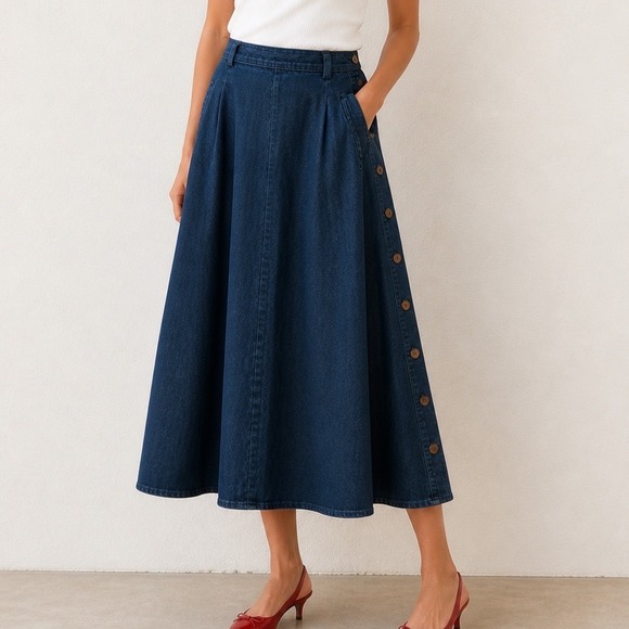 Talbots Dresses & Skirts - Talbots Indigo Button-Trim Denim Midi Skirt